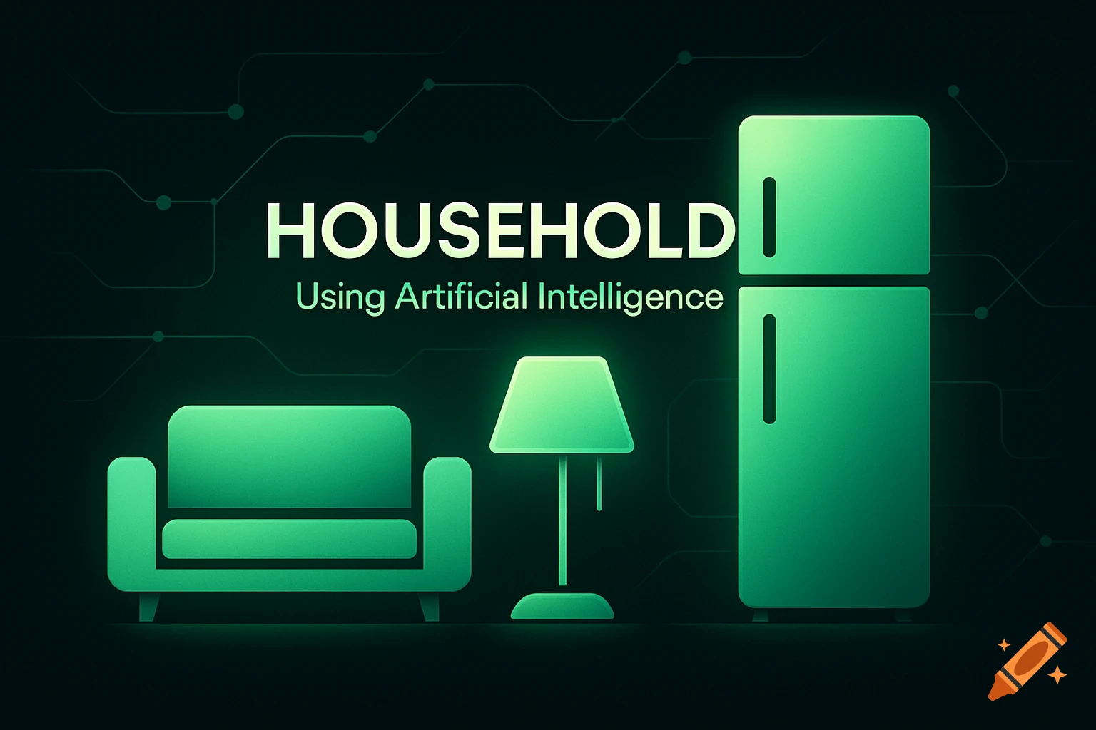 Green stylized graphic of a couch, lamp, and refrigerator with text 'HOUSEHOLD Using Artificial Intelligence' on a circuit board background.