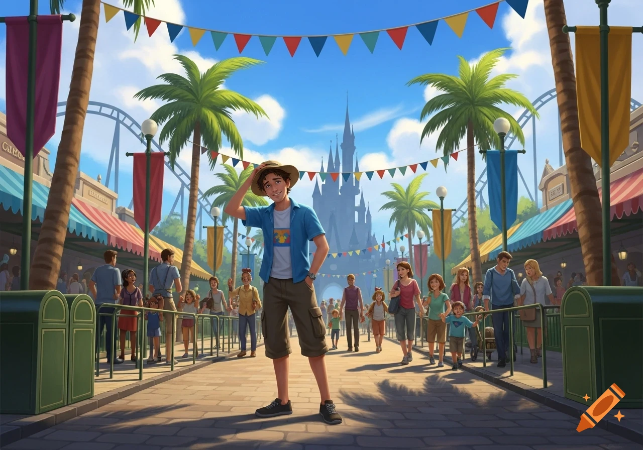 An illustrated scene of a young man in a straw hat standing in a crowded, colorful theme park, with a distant castle and roller coaster.
