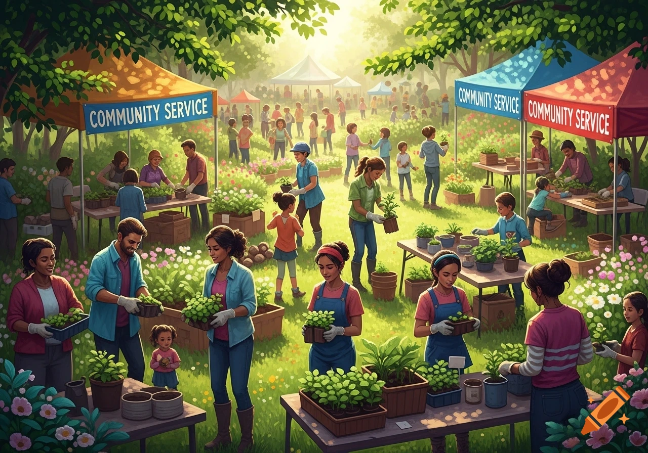 A vibrant illustration of a community gardening event with many people planting and tending plants under colorful tents in a sunny park.