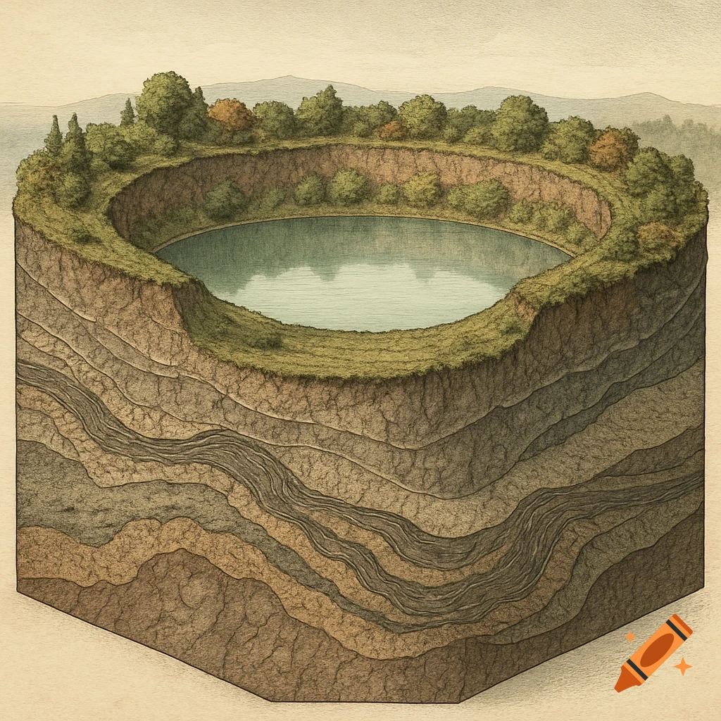 Cross-section drawing of a maar volcanic crater lake with layered earth and trees surrounding the rim.