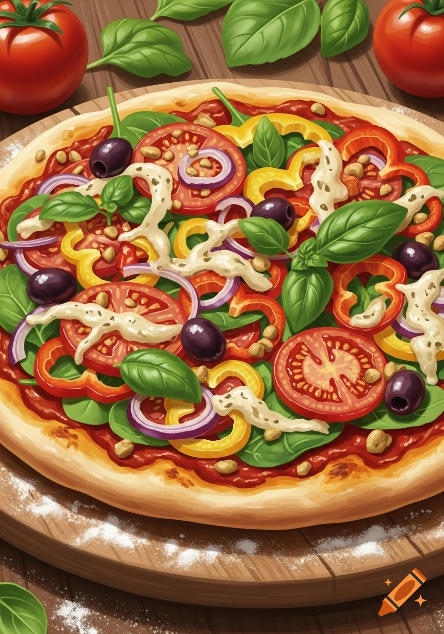 A vibrant vegan pizza loaded with fresh tomatoes, basil, peppers, onions, and olives on a wooden board.