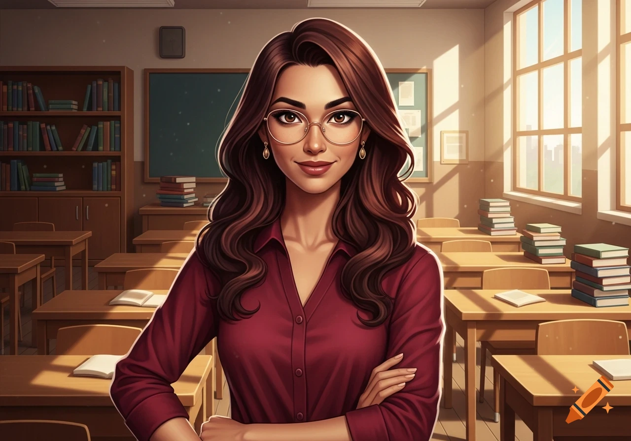 A smiling, brown-haired cartoon teacher in glasses stands with arms crossed in a classroom.