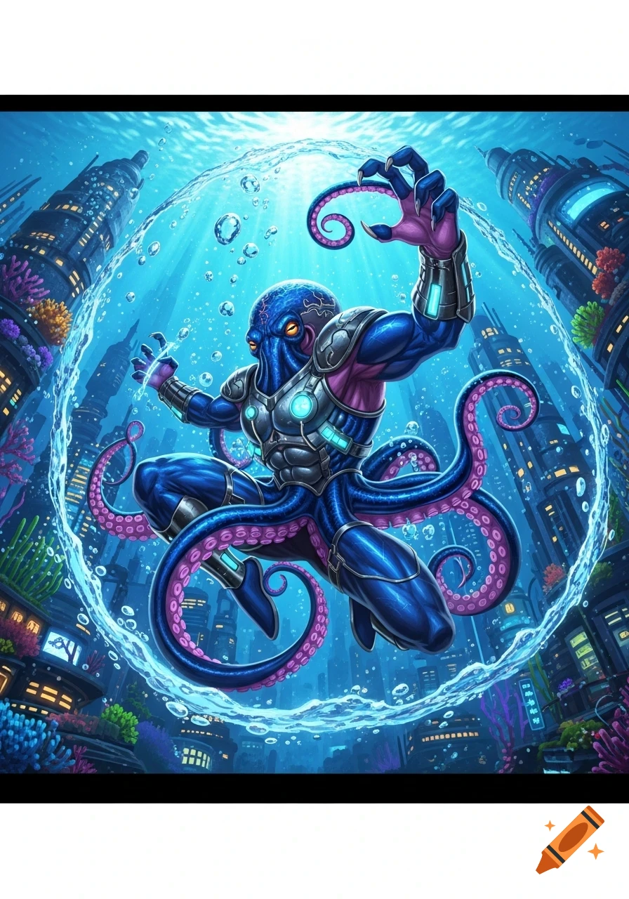 A blue octopus-like superhero with armor in a water bubble, striking a pose in an underwater futuristic city, comic book art.