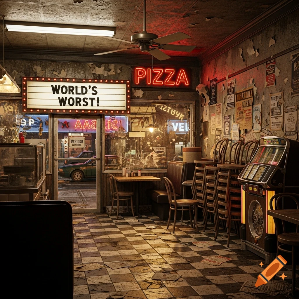 A dimly lit, run-down pizza restaurant interior with a 'WORLD'S WORST!' sign and a neon 'PIZZA' sign, in a realistic style.