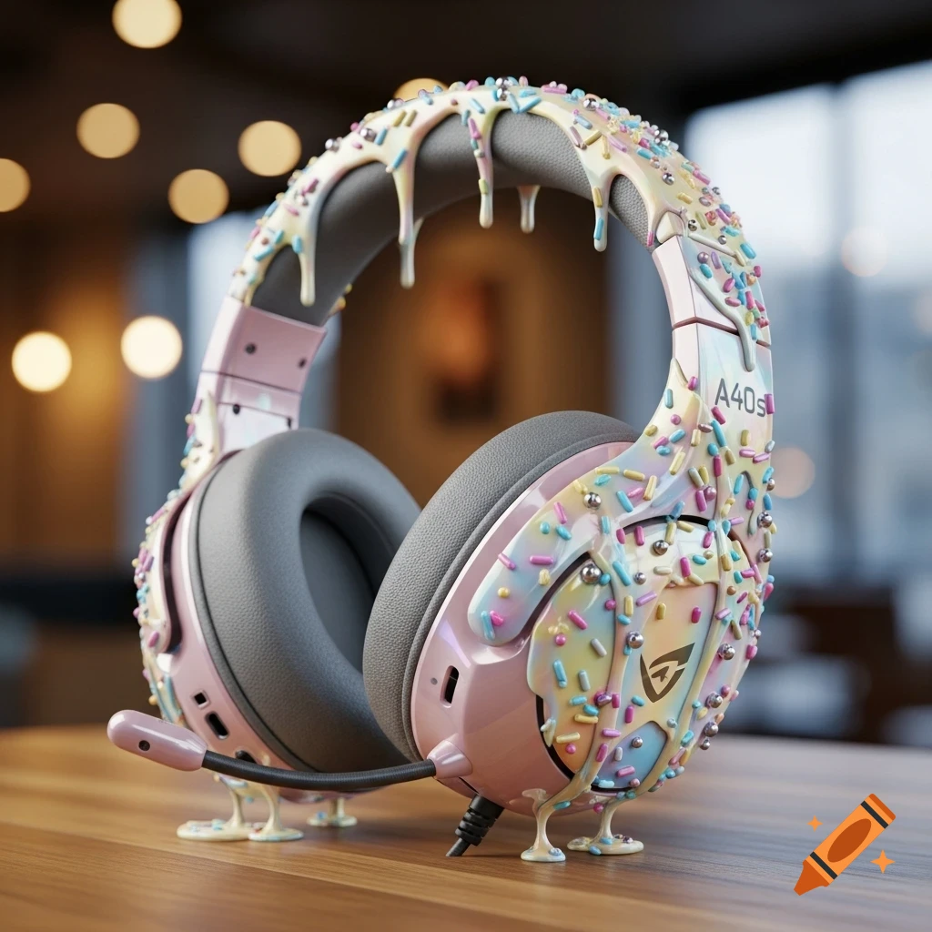 Photorealistic pink and gray headset covered in dripping white donut glaze and colorful sprinkles, with a microphone, on a wooden table.