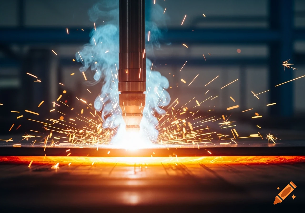 Close-up of an industrial welding or plasma cutting process with bright orange sparks and blue smoke.