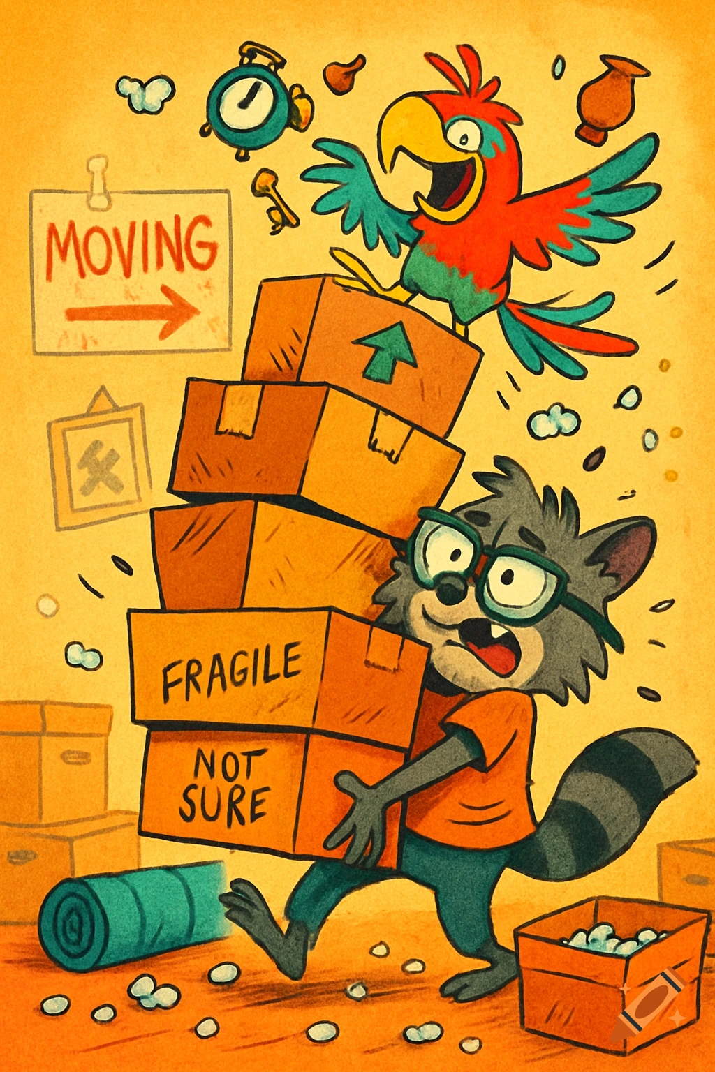 A cartoon raccoon wearing glasses struggles to carry a precarious stack of moving boxes, with a laughing parrot balancing on top, against a yellow background.