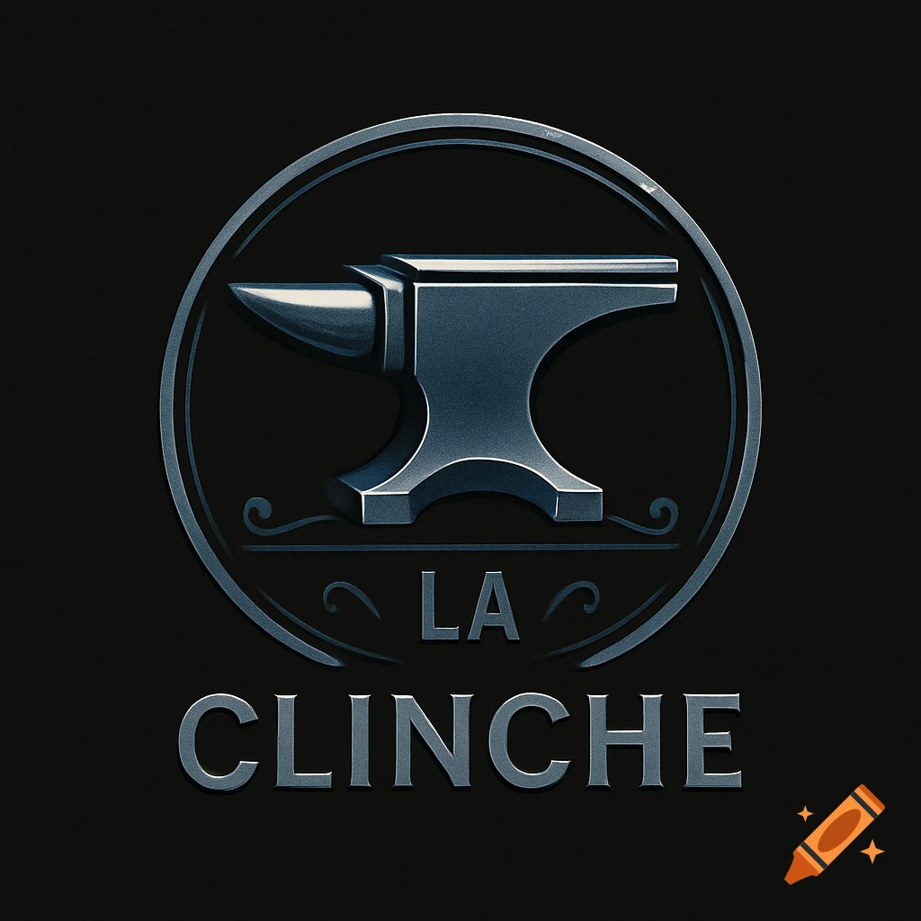 A metallic logo featuring an anvil inside a circular border, with decorative scrolls and the text 'LA CLINCHE' below, on a dark background.