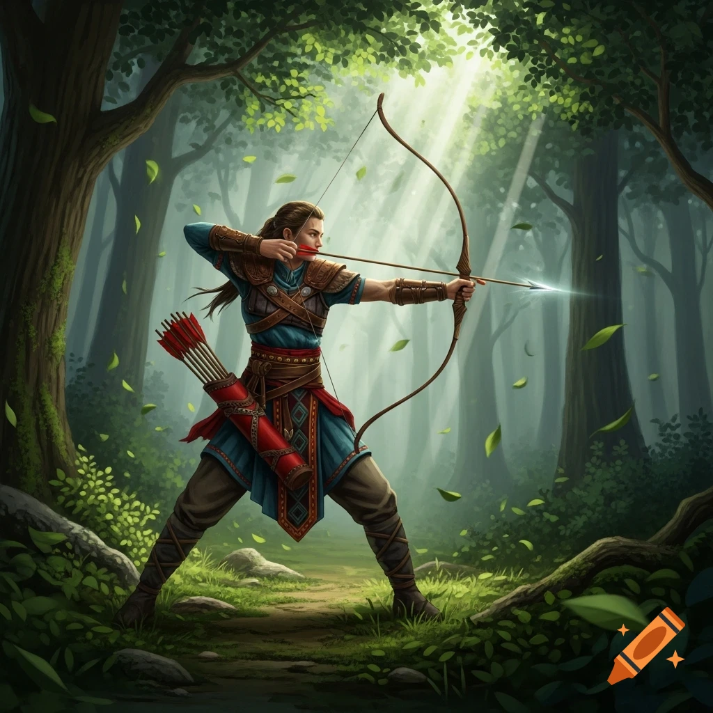 A skilled archer in a forest, drawing a bow with an arrow, bathed in rays of sunlight.