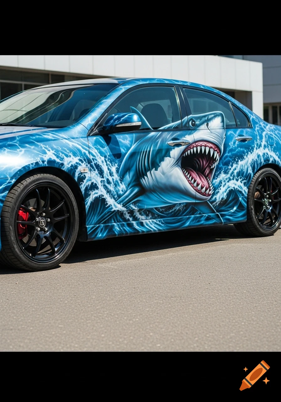 A blue Honda Accord 7 with a large, angry shark airbrushed on its side amidst crashing waves, parked on asphalt.