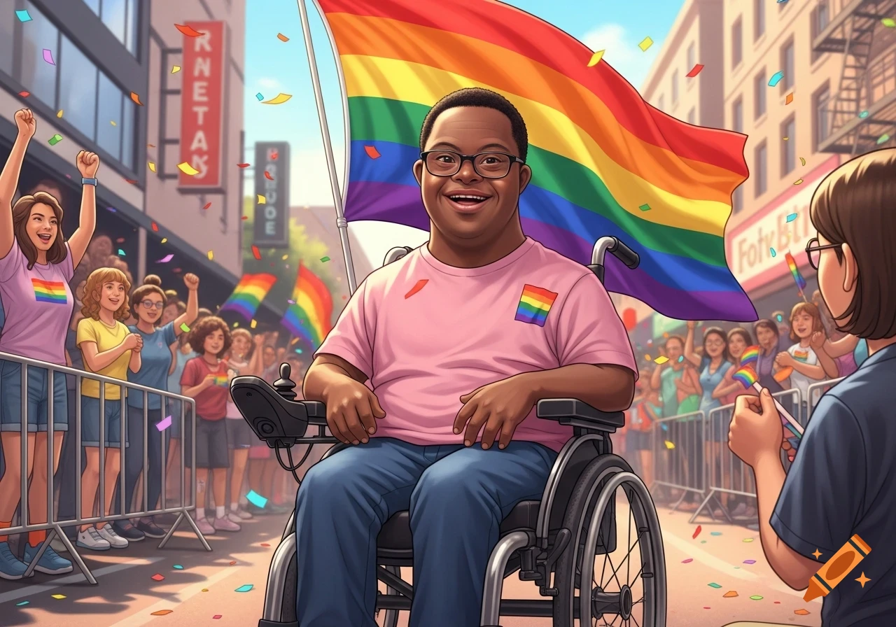 An African American man with Down syndrome in a wheelchair smiles at a lively pride parade, holding a rainbow flag, with confetti falling.