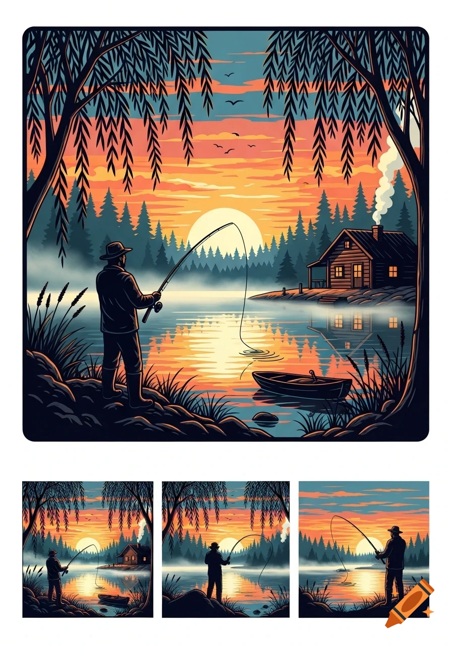 A stylized illustration of a person fishing in a lake at sunset, framed by willow trees, with a cabin and forest in the background.
