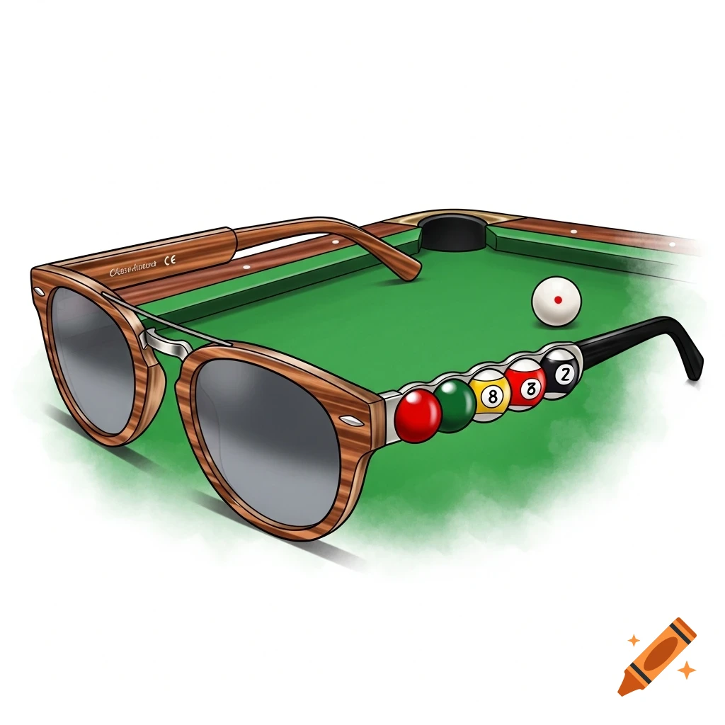 An illustration of wooden sunglasses with mirrored lenses, featuring a row of billiard balls (red, green, yellow 8-ball, red 8-ball, black 2-ball) on the side arm, all set against a green billiard table.
