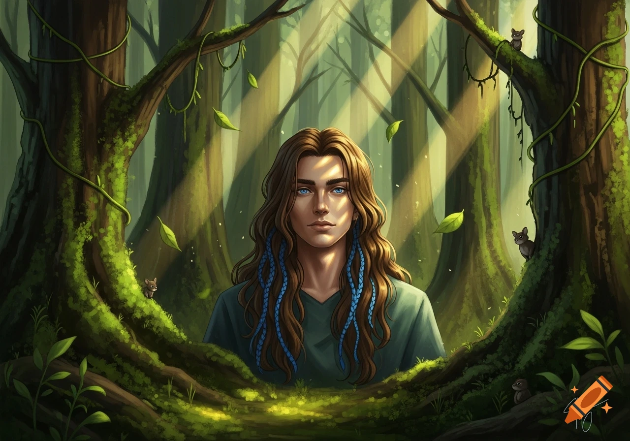 A person with long brown hair and blue braids stands in a lush forest ...