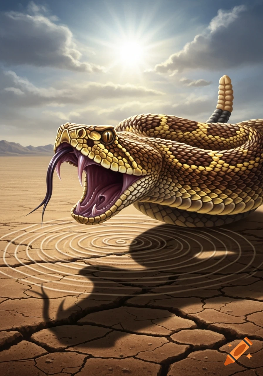 A detailed rattlesnake with its mouth wide open, fangs exposed and tongue flicking, on a cracked desert floor under a bright sun.