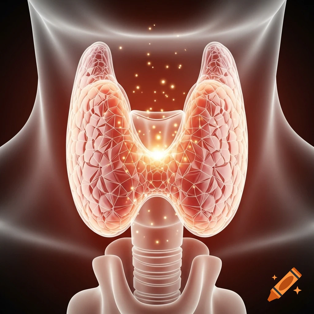 Stylized glowing illustration of a human thyroid gland in a transparent neck outline.