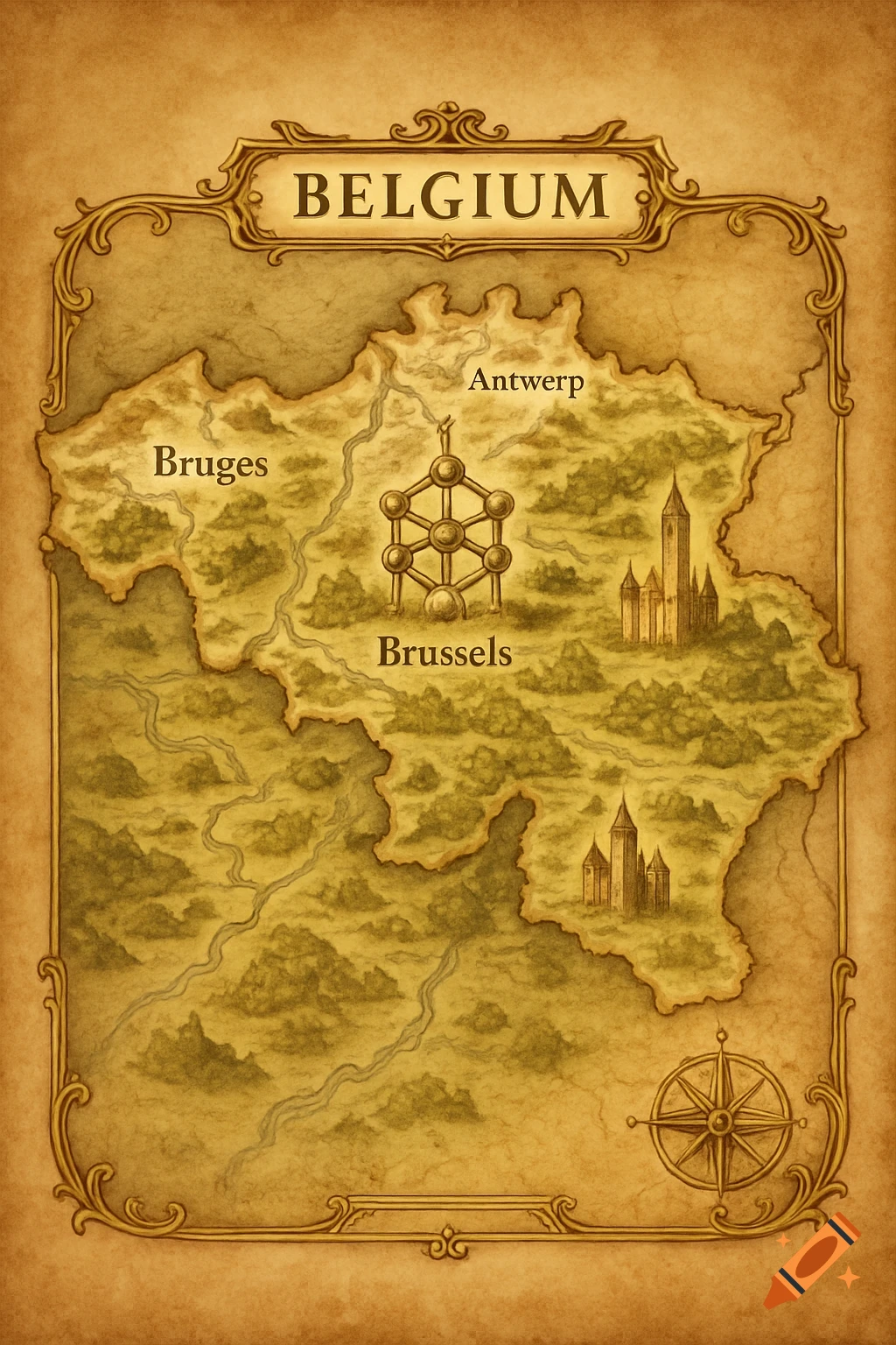 An antique-style map of Belgium, labeling Bruges, Antwerp, and Brussels, with illustrations of landmarks and a compass rose.