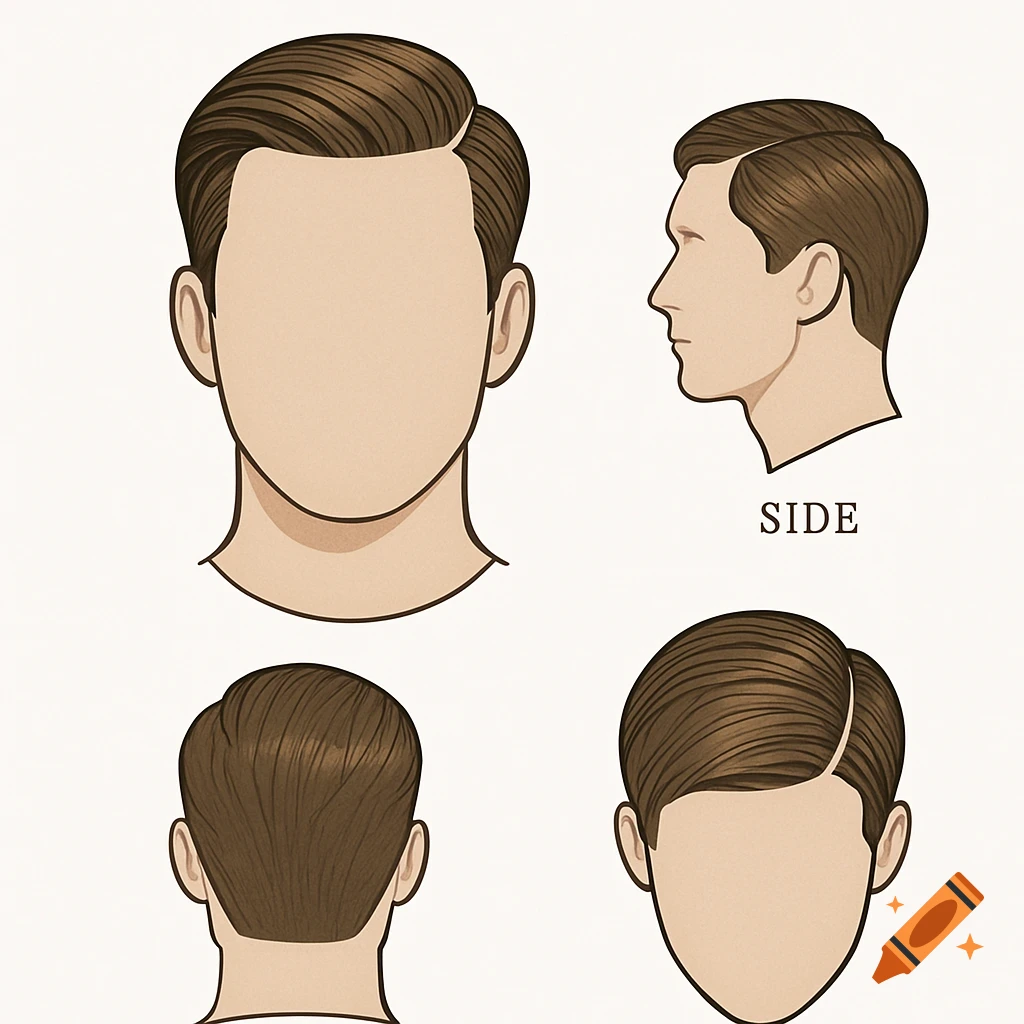 Four diagrammatic views of a man's head with a side part haircut, showing front, side, back, and top.