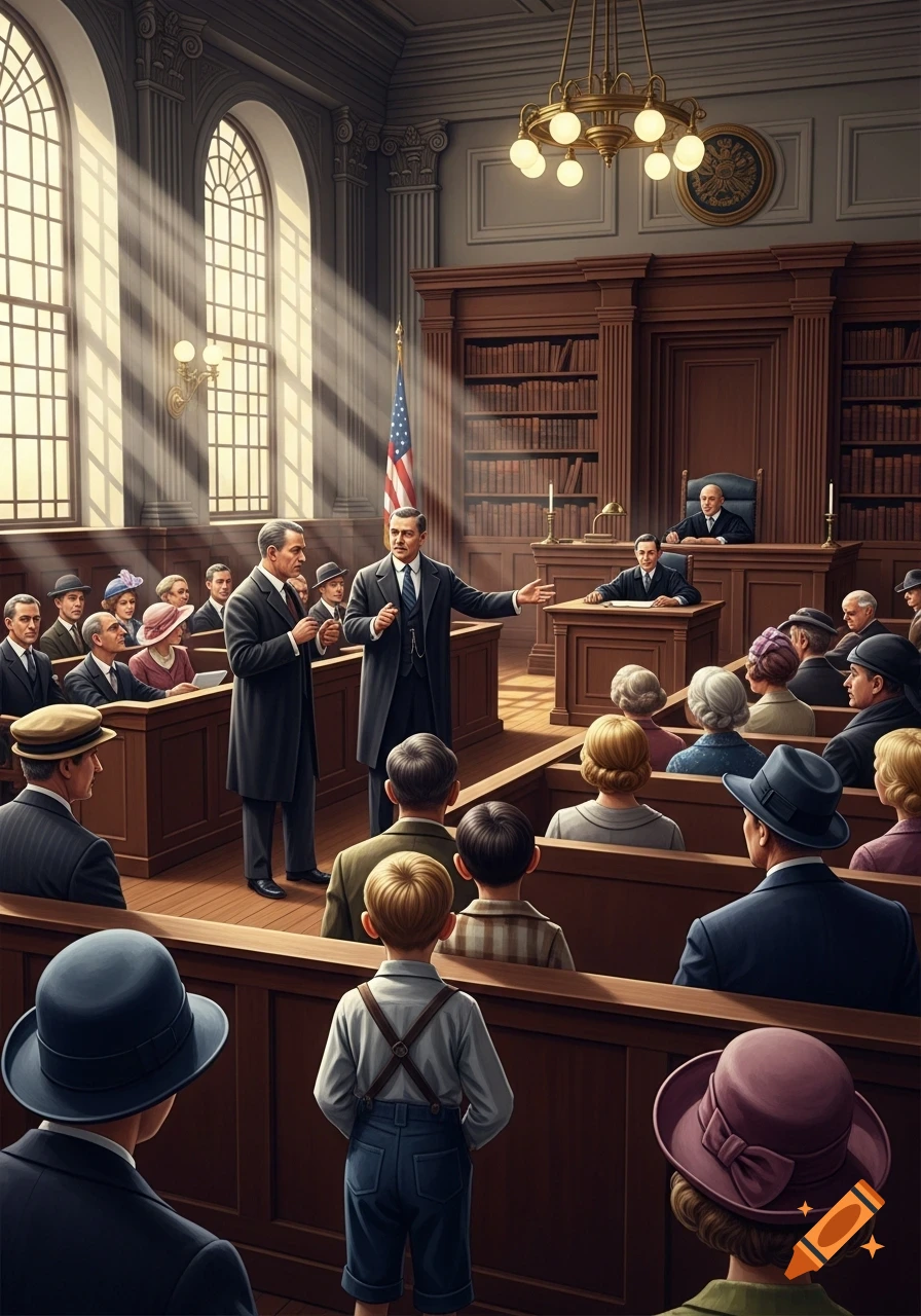 A historical courtroom trial scene with lawyers addressing the court and people in period attire, including a child in the foreground, under sunlit windows.
