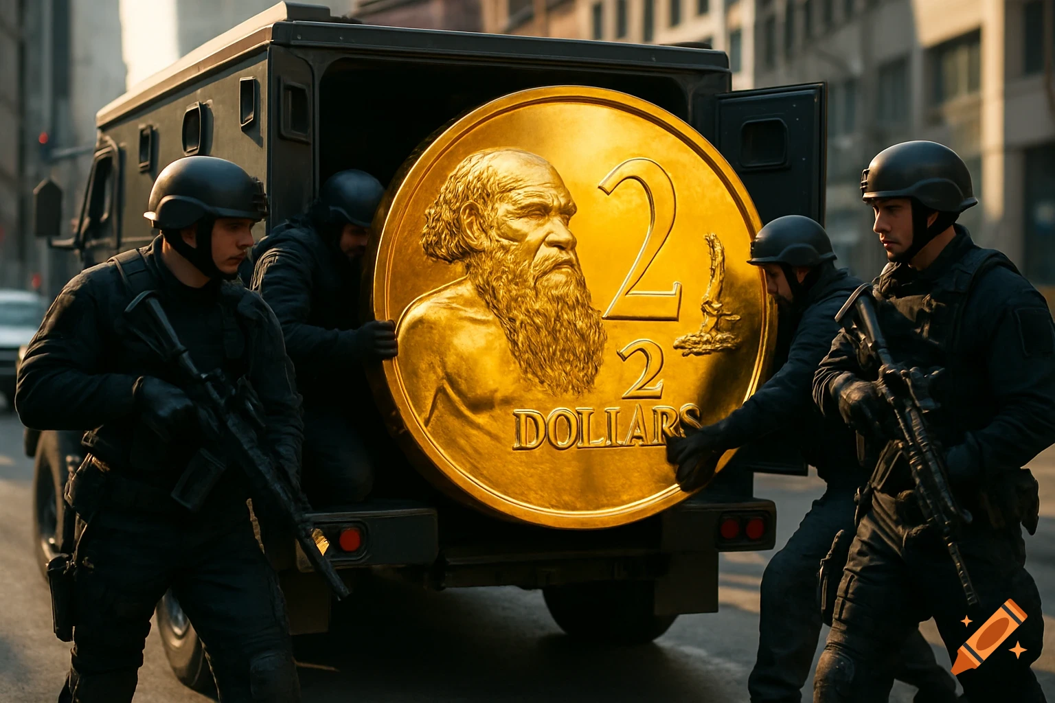 Armed guards unload a giant golden two-dollar coin depicting a bearded man from an armored car on a city street.