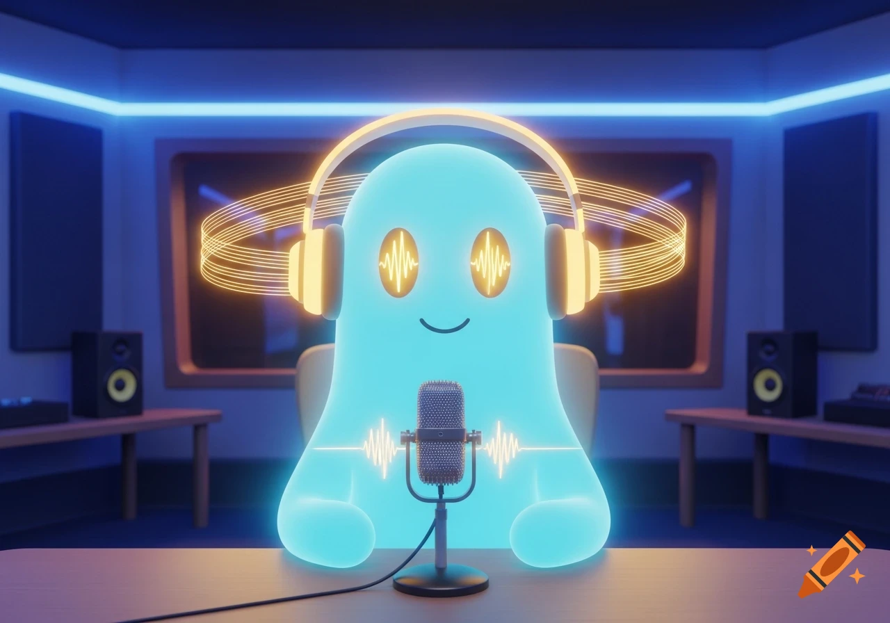 A glowing light-blue cartoon character wearing headphones sits at a desk with a microphone in a neon-lit podcast studio, 3D render.