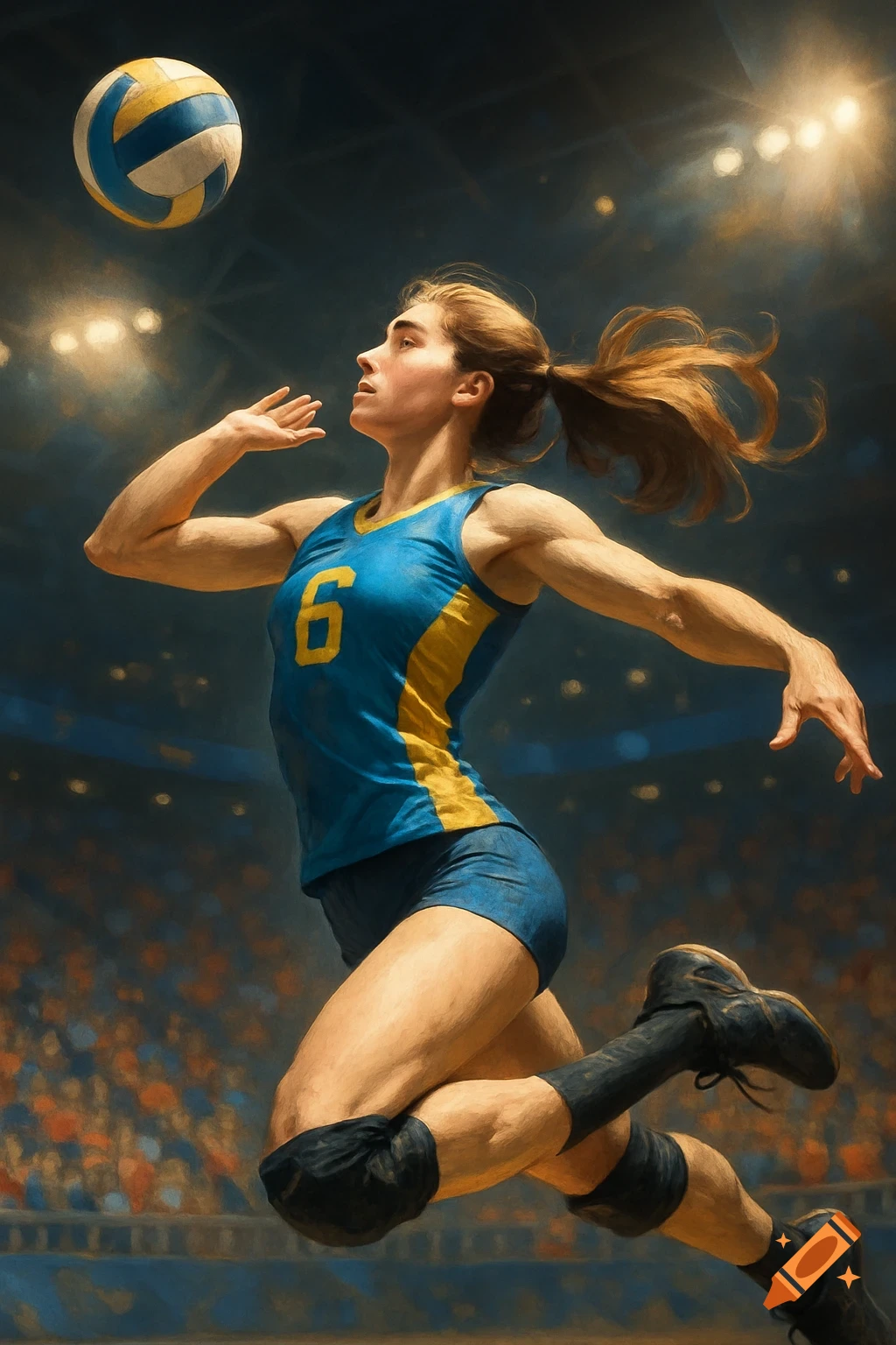 Dynamic painterly image of a female volleyball player in a blue and yellow uniform with number 6, jumping to spike a ball on an indoor court.