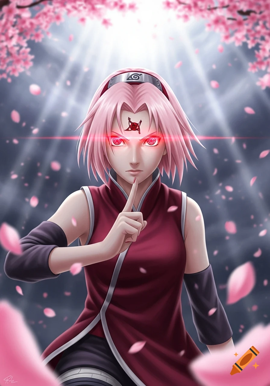 Anime character Sakura Haruno with glowing red eyes and a forehead symbol, holding a finger to her lips, surrounded by falling cherry blossoms.