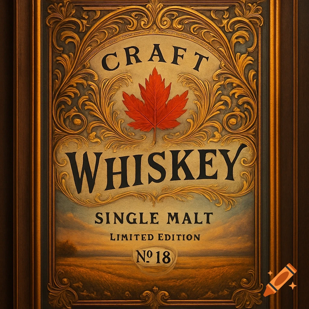 Ornate vintage label for Craft Whiskey with a red maple leaf, prairie background, and text.