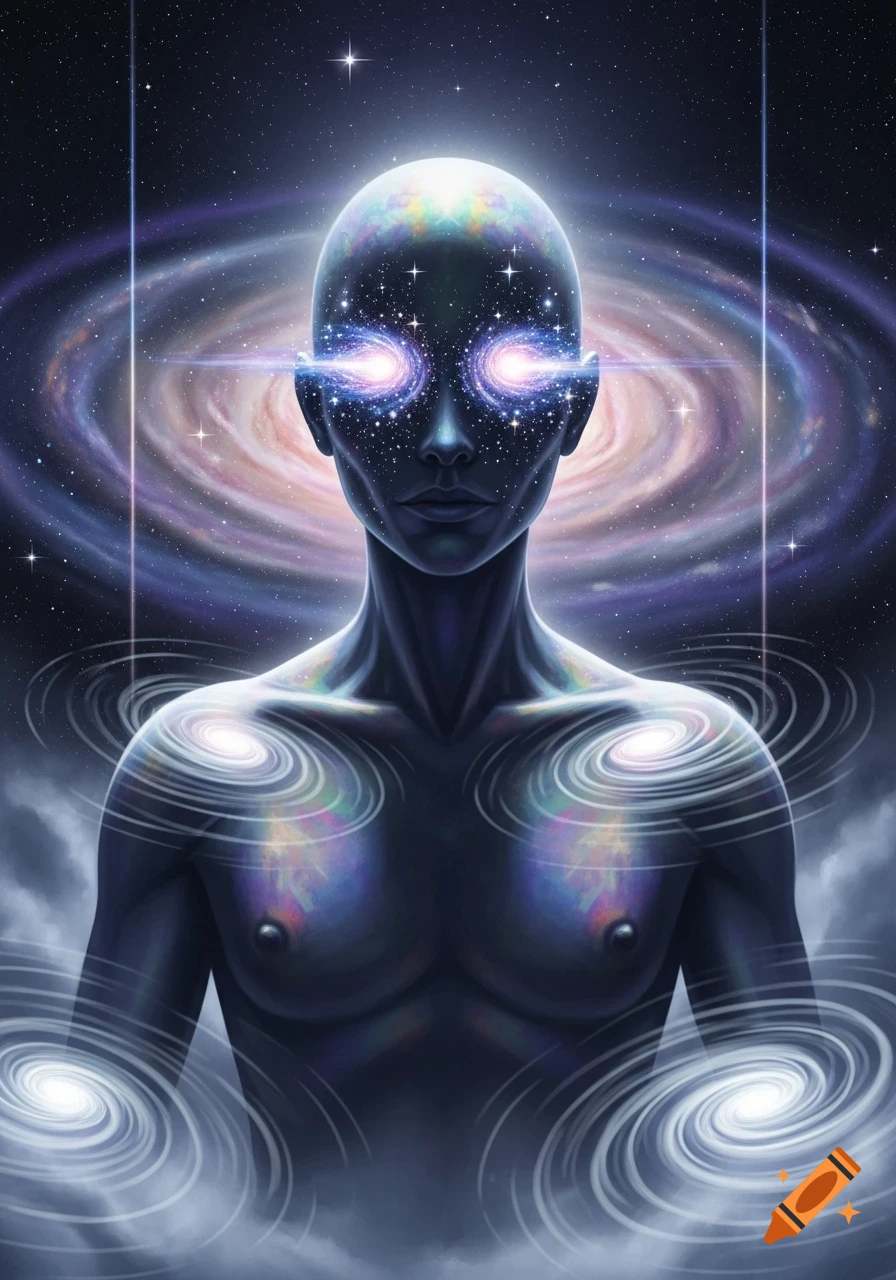 A cosmic humanoid figure with a dark, star-filled body and glowing galaxy eyes, surrounded by nebulae and spiral galaxies in deep space.