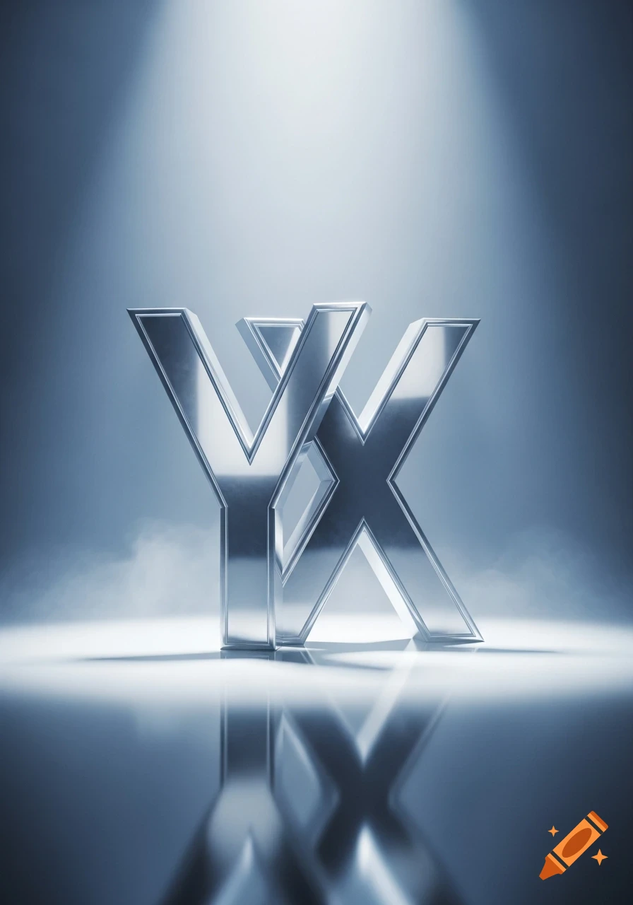 Shiny chrome letters 'YX' on a reflective surface under spotlights with a smoky background, 3D render.