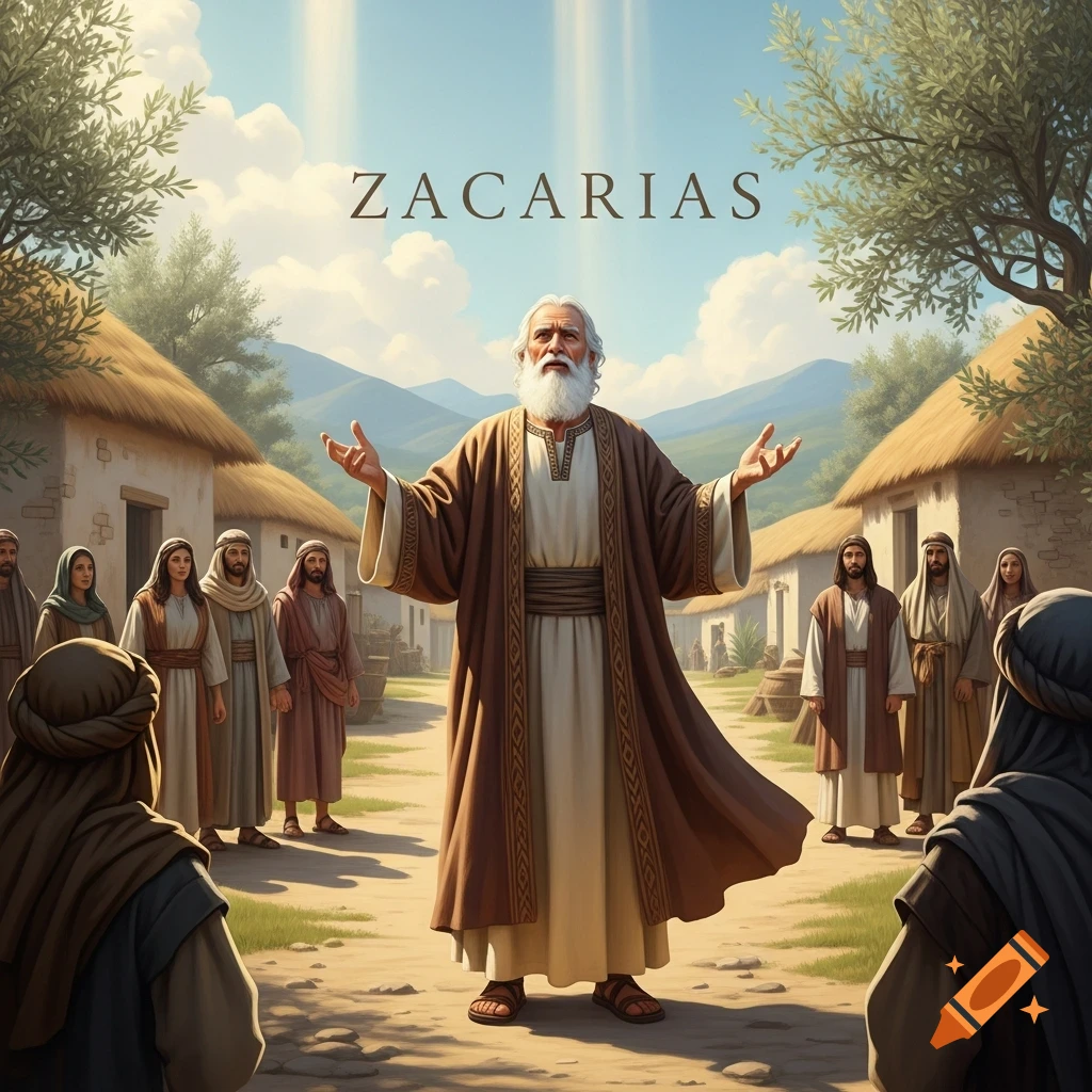 An old man with a white beard, Zacarias, in ancient robes, speaks with raised hands to a crowd in a village under a bright sky with light rays.