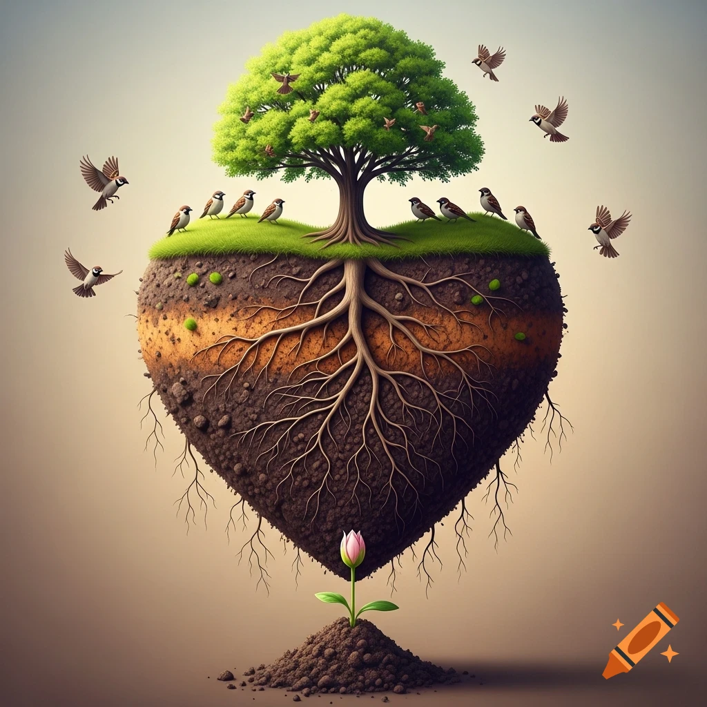 A tree with roots grows from a heart-shaped soil mound. Sparrows fly around, a flower sprouts beneath. Symbolizing life from earth.