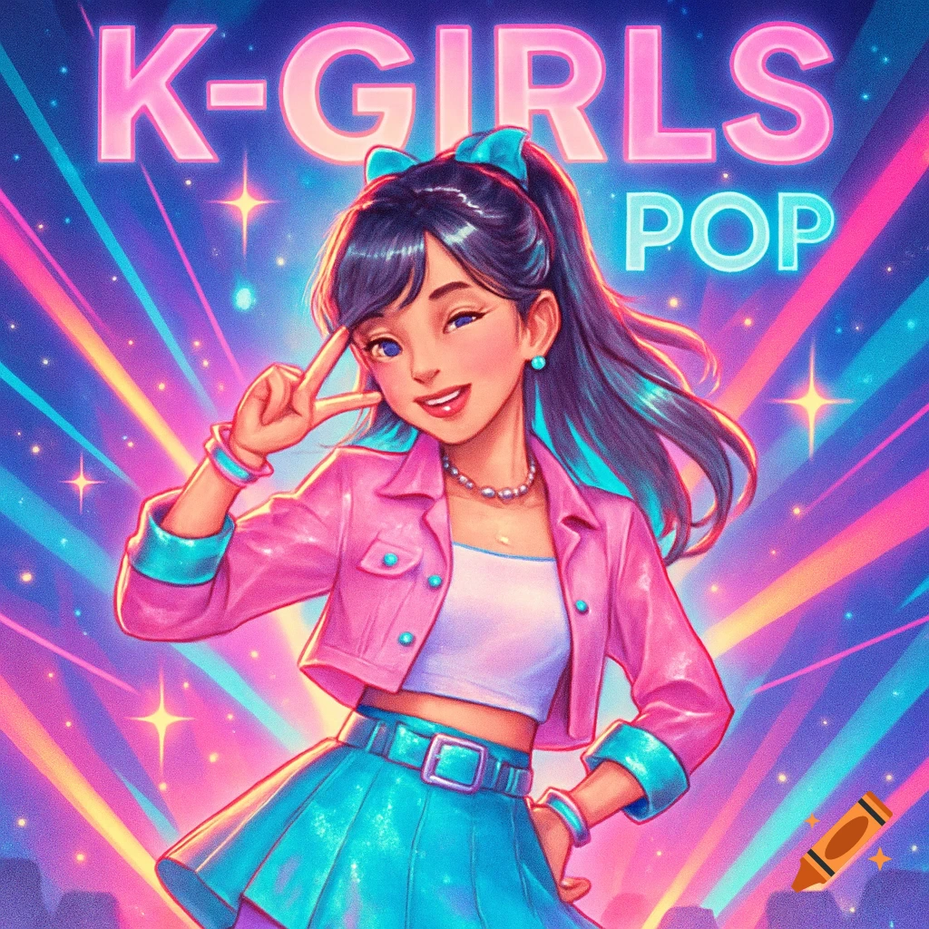 A cartoon K-Pop idol in a pink jacket and blue skirt makes a peace sign on a neon background with "K-GIRLS POP" text.