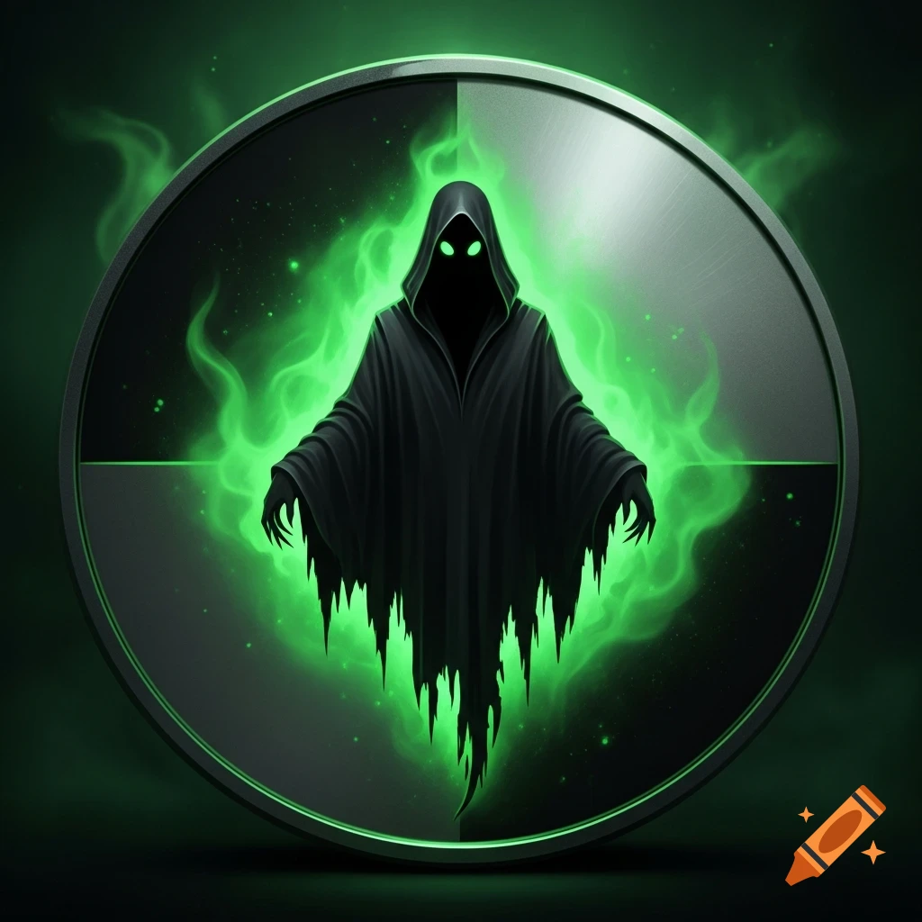A black silhouette of a hooded figure with glowing green eyes and clawed hands, radiating green energy, inside a dark metallic circle.
