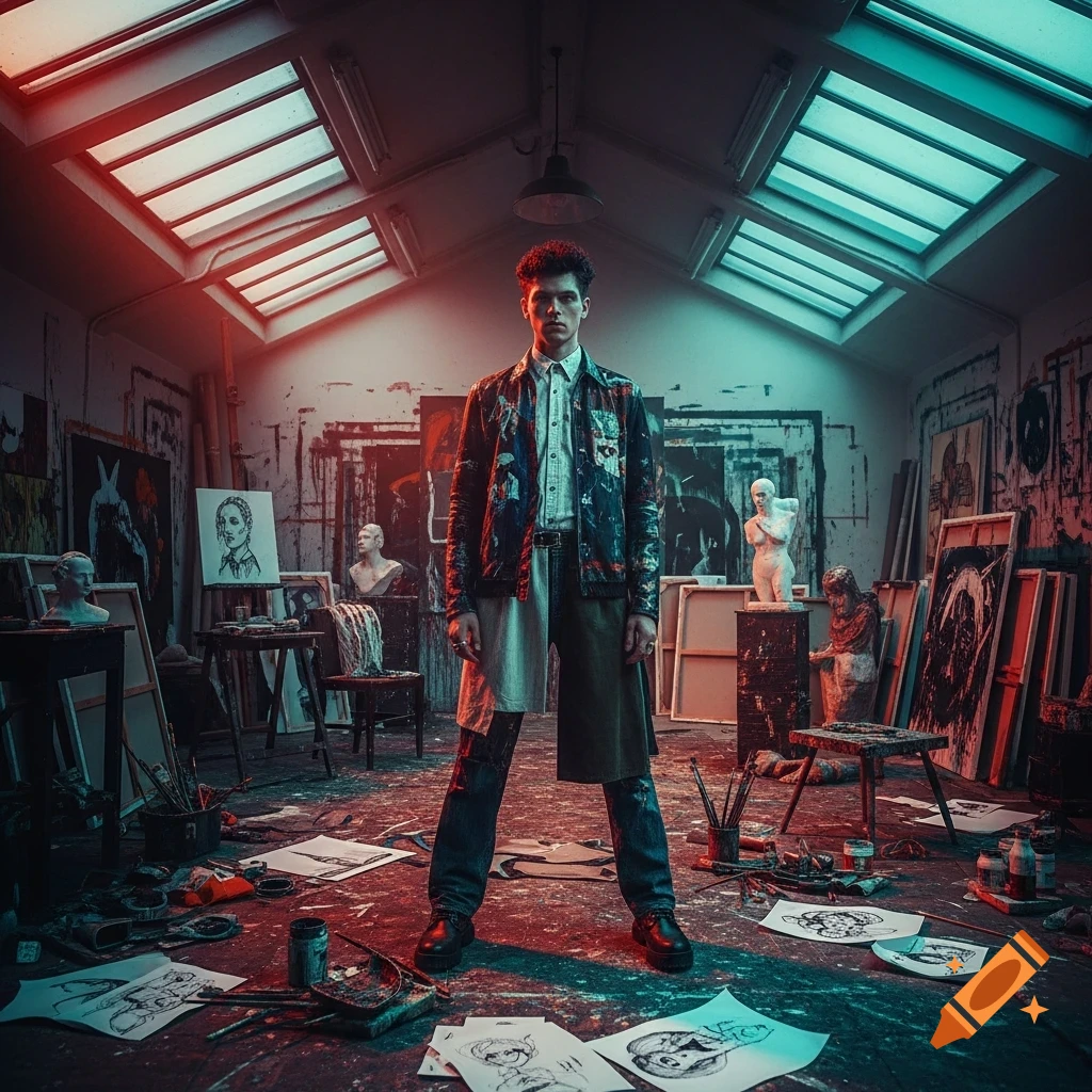 A man in a painted jacket stands in a cluttered, dramatically lit artist's studio filled with canvases and sculptures.