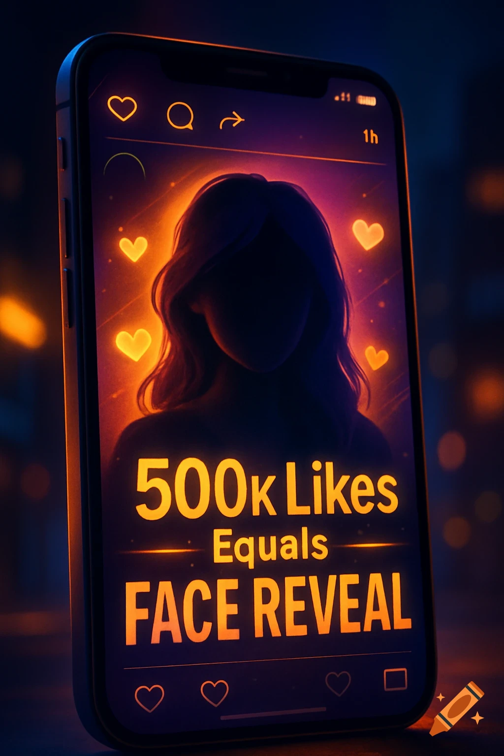 A smartphone screen displaying "500k Likes Equals FACE REVEAL" with a glowing silhouette and hearts.