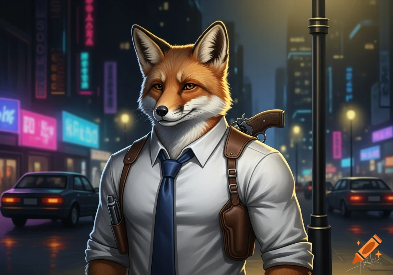 An anthropomorphic fox in a white shirt, blue tie, and shoulder holster with a revolver, standing on a rainy city street at night with neon signs.