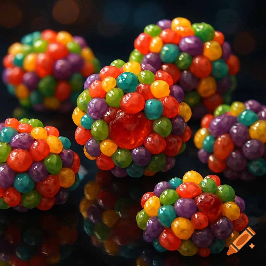 Colorful candy clusters on a dark, reflective surface with a blurred background, resembling Nerds Gummy Clusters.