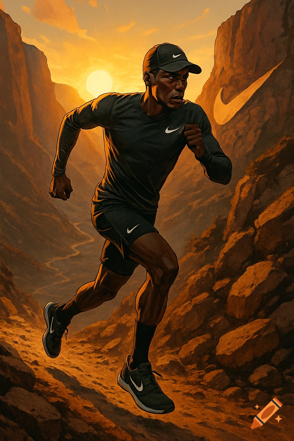 A stylized illustration of a man in Nike sportswear running uphill through a rocky canyon at sunset, with a large Nike swoosh on the mountain.