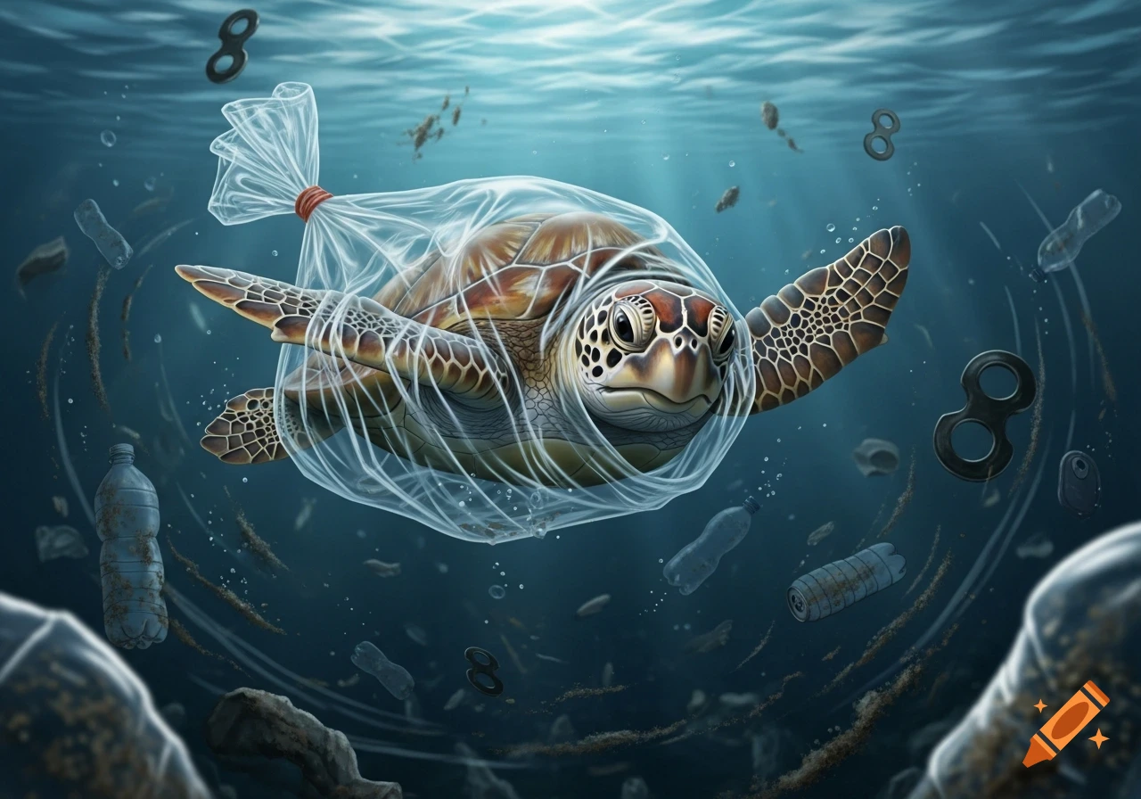 A digital illustration of a sea turtle trapped in a plastic bag, swimming in a dark, polluted ocean filled with plastic debris.