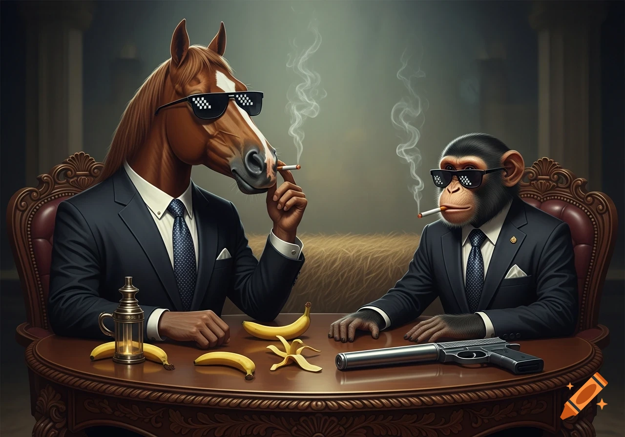 A horse and a monkey in suits and sunglasses smoke cigarettes at a table with bananas and a gun.