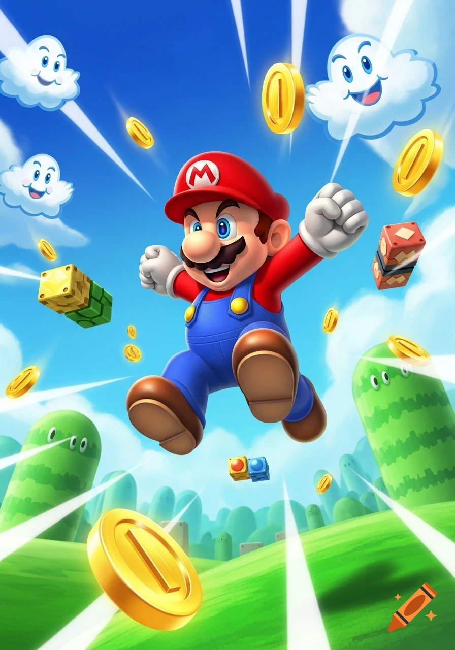 Vibrant cartoon of Mario leaping through a bright blue sky, surrounded by golden coins, happy clouds, and green pipes.