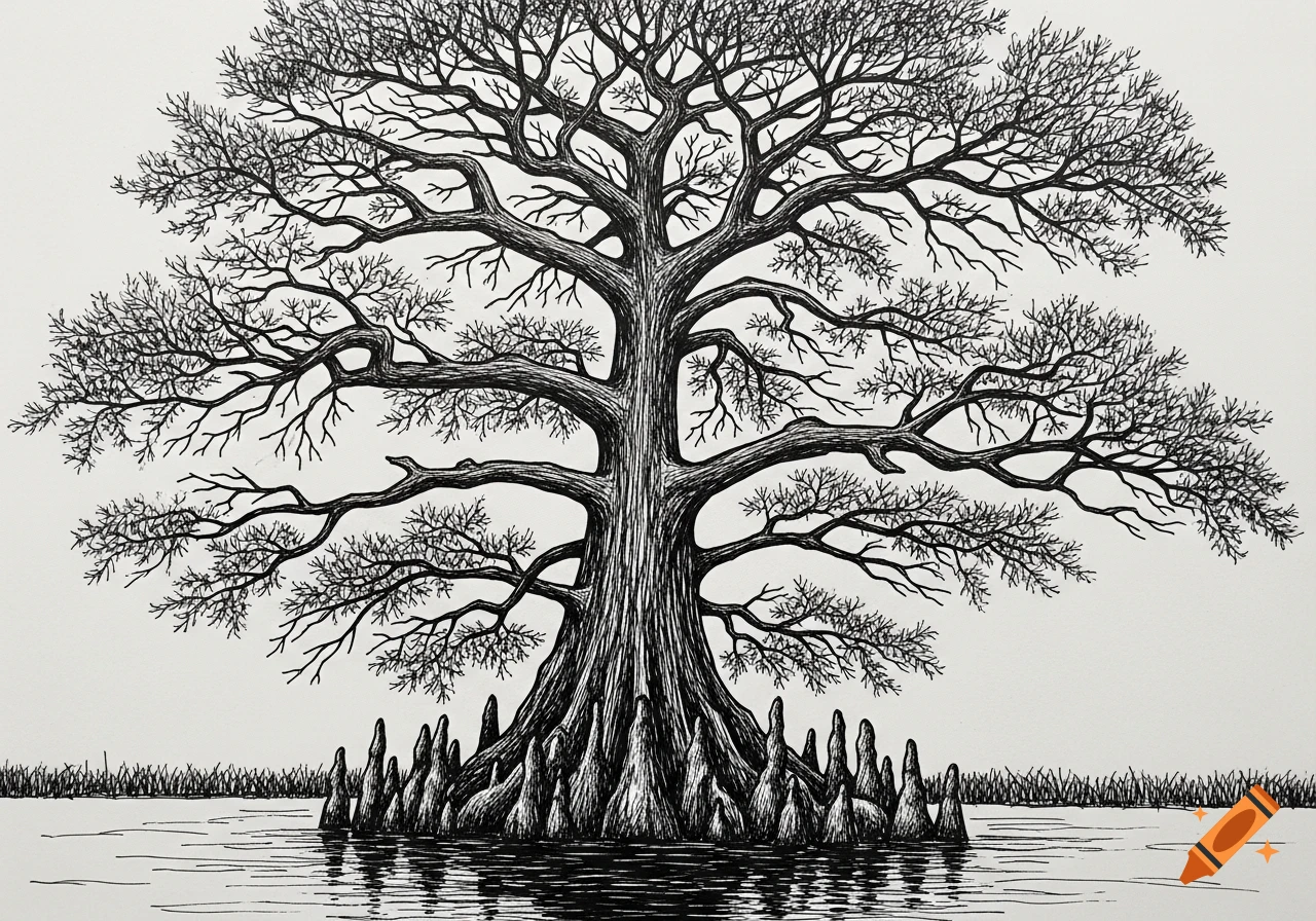 Detailed ink drawing of a bald cypress tree with exposed roots standing in water, featuring a dense network of bare branches.