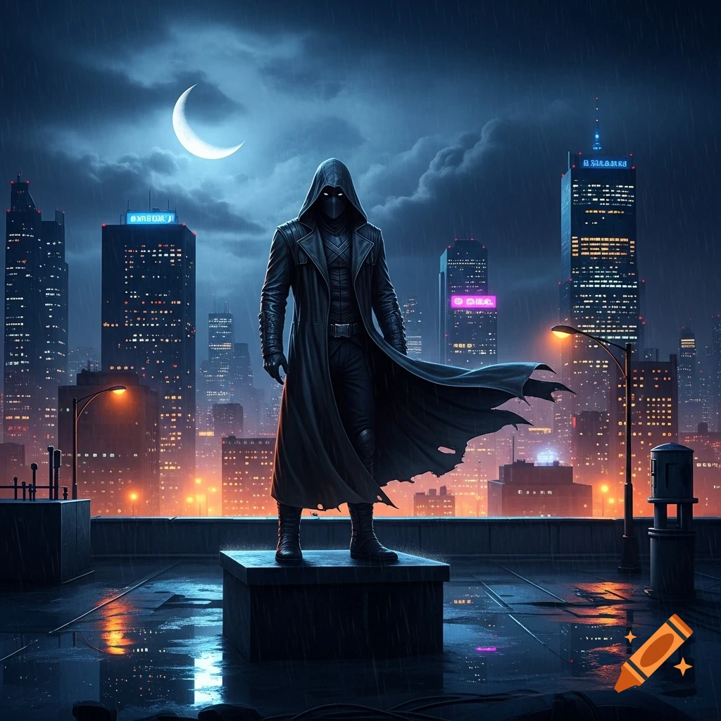 A hooded figure in a black long coat stands on a rainy rooftop ...