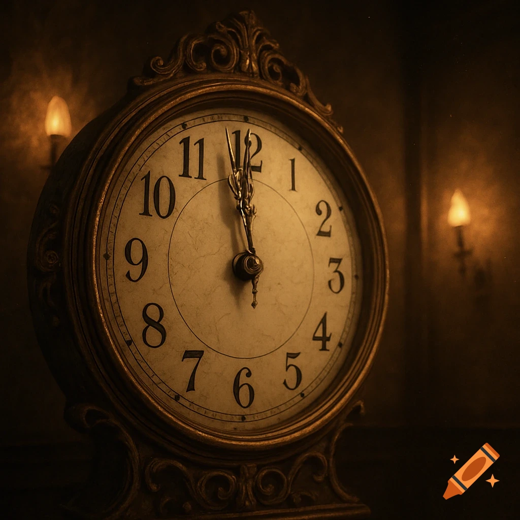 An ornate antique clock displaying 11:55, illuminated by dim light in a dark, moody room with wall sconces.
