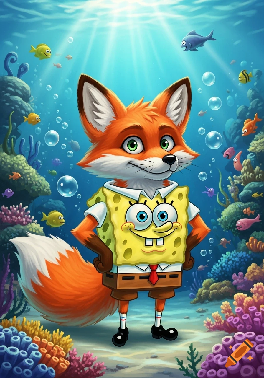 A cartoon fox wearing a SpongeBob SquarePants shirt and pants stands underwater amongst colorful coral and fish.