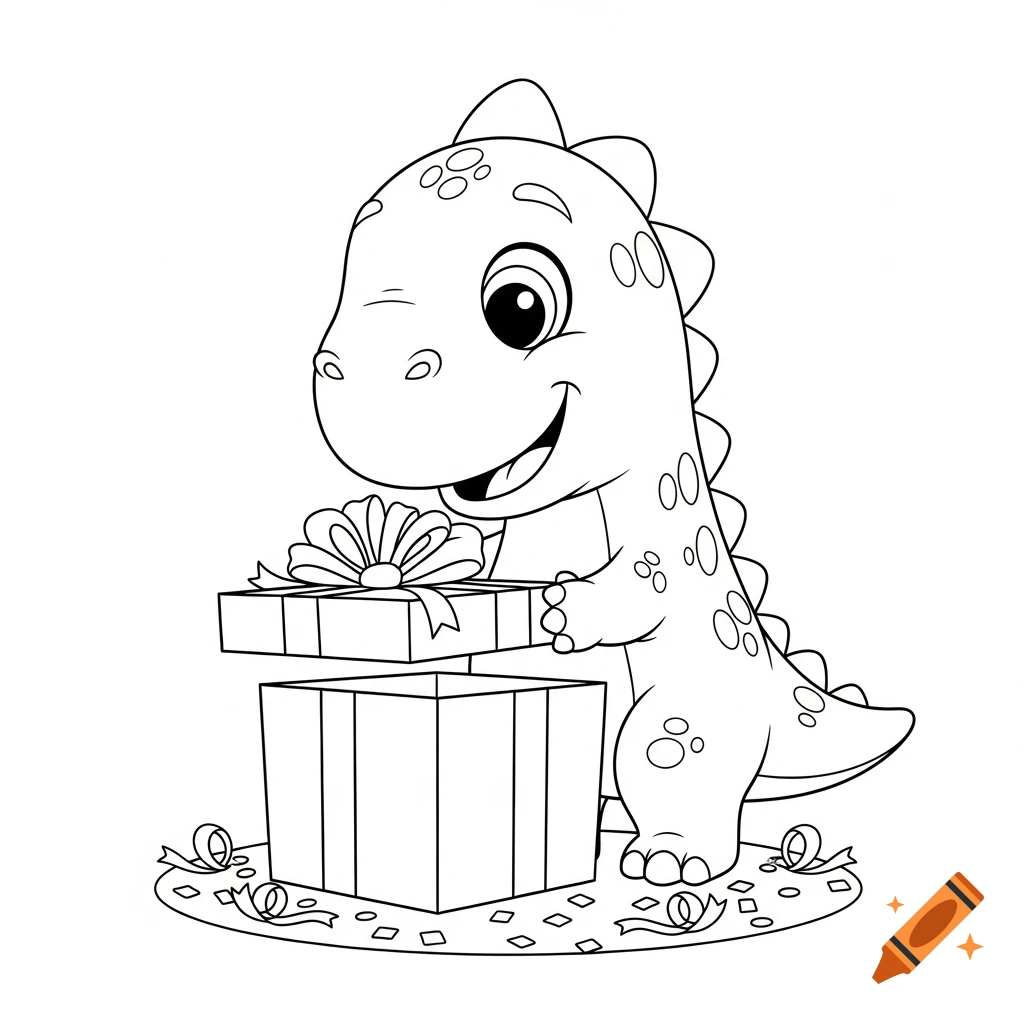 A cute cartoon dinosaur in black and white line art opens a gift, with confetti scattered around it.
