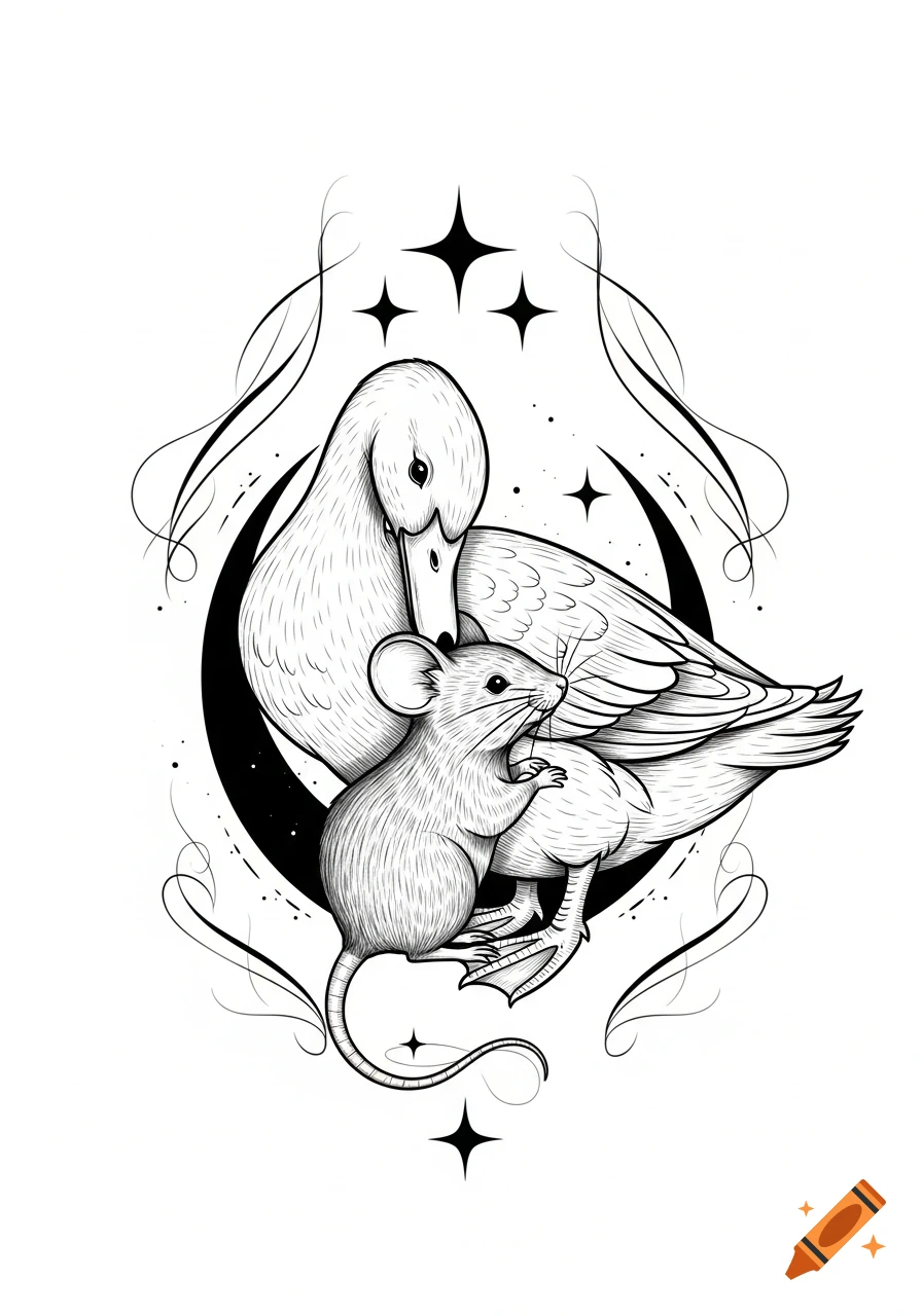 Black and white line art tattoo design of a duck and a mouse embracing, with a crescent moon and stars.