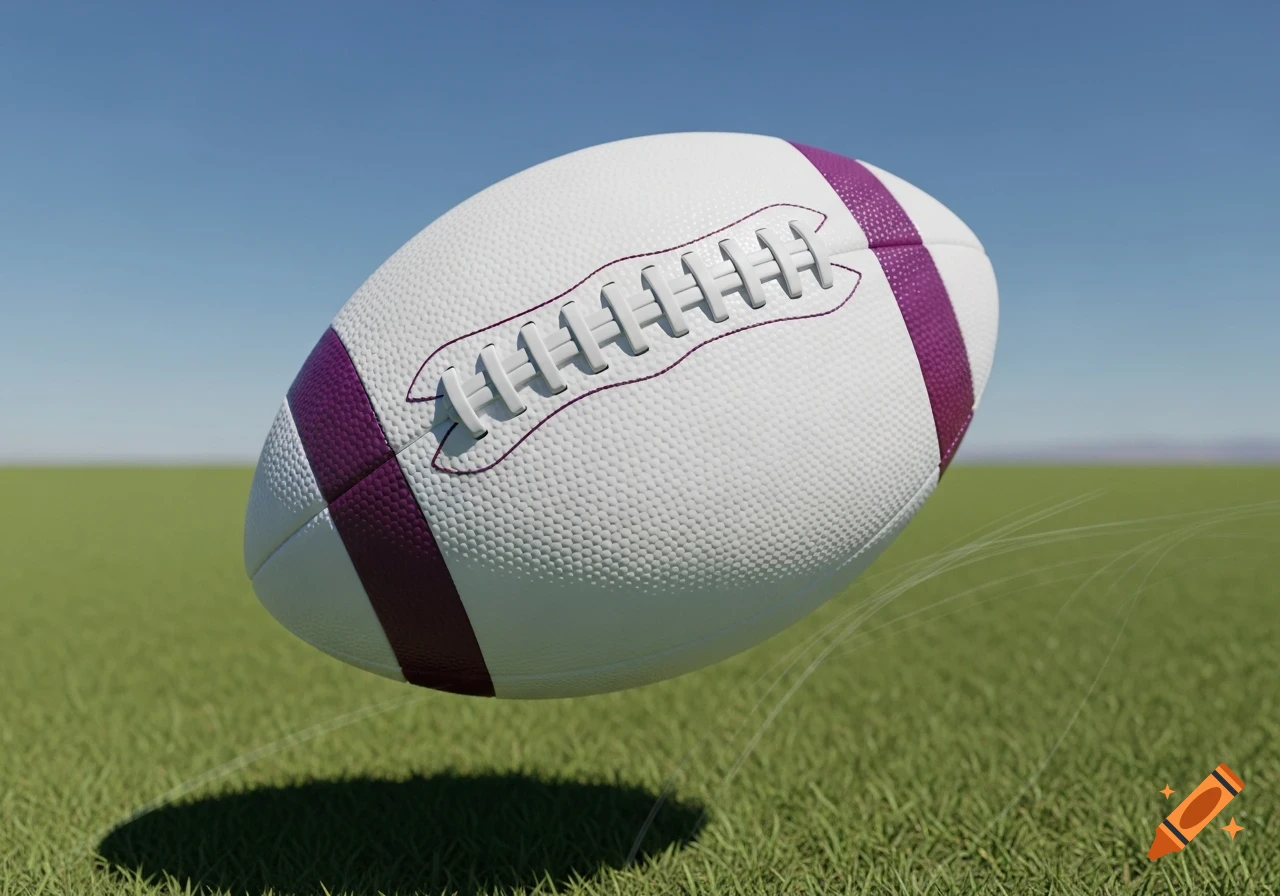 A white football with purple stripes and white laces floats above green grass under a clear blue sky.