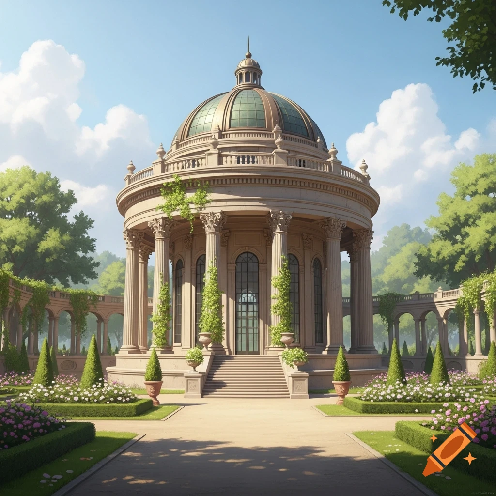 A grand circular classical building with a dome and columns stands in a formal garden with manicured hedges and flowering bushes under a blue sky.